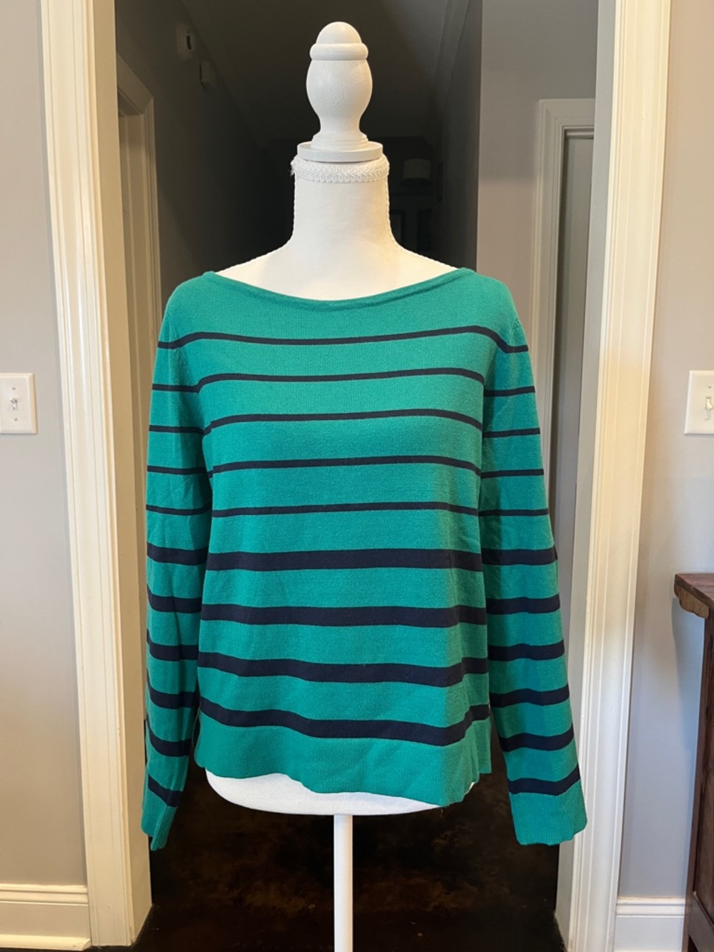 Green and Navy Striped Boatneck Sweater